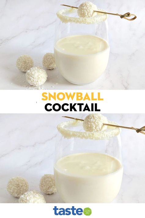 You don’t have to be on Santa's ‘good list’ to try this white Christmas cocktail. Made with flavoured vodka and rum, it's a very creamy, coconutty indulgence that can easily double for a dessert. Vanilla Vodka Snowball, Snowball Cocktail, White Christmas Cocktail, Snowball Drink, Snowball Cocktail Recipe, Snowman Cocktail, Christmas Cocktails Vodka, Vodka Drinks Easy, Cocktail Recipes For A Crowd