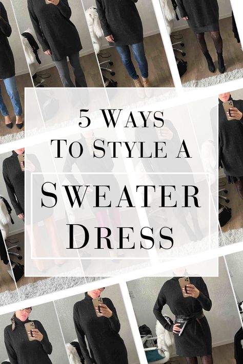 1 CASHMERE TURTLENECK DRESS, 5 CUTE OUTFITS | We challenged ourselves to mix it up a bit -- how many ways can we wear a cashmere turtleneck sweater dress? Answer: a lot. Our 5 outfits to try... | #TheMomEditStyle #FallOutfitIdeas #WinterOutfitIdeas #BlackTurtleneckSweaterDress #CashmerTurtleneckSweaterDress #TurtleneckSweaterDress #CashmereSweaterDress #Everlane #EverlaneSweaterDress #SweaterDressOutfits #OTKBootOutfits #TallBootOutfits #TightsOutfits #DressOverJeans Black Turtleneck Dress Outfit, Turtleneck Sweater Dress Outfit, Gray Sweater Dress Outfit, Turtle Neck Dress Outfit, Ways To Style A Sweater, How To Wear Turtleneck, Style A Sweater Dress, Sweater Dress Outfit Winter, Black Turtleneck Sweater Dress