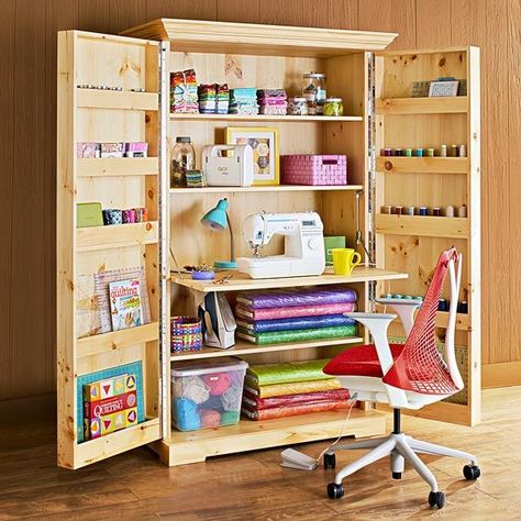 Who wouldn't love to get these plans and build this craft unit?? #woodprojects Craft Armoire, Craft Storage Cabinets, Sewing Room Storage, Craft Cabinet, Sewing Room Design, Dream Craft Room, Sewing Storage, Craft Room Design, Sewing Room Organization