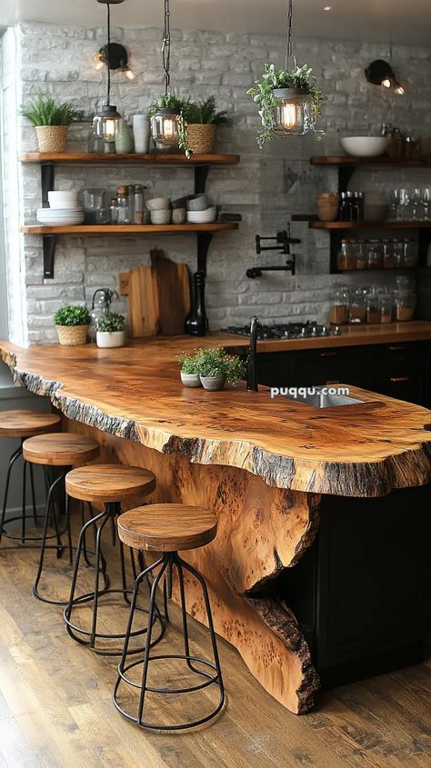 Tree Stump Ideas, Rustic Outdoor Benches, Easy Woodworking Projects For Beginners, Stump Ideas, Woodworking Projects For Beginners, Kitchen Centerpiece, Two Tone Kitchen, Rustic Modern Kitchen, Minimalist Kitchen Design