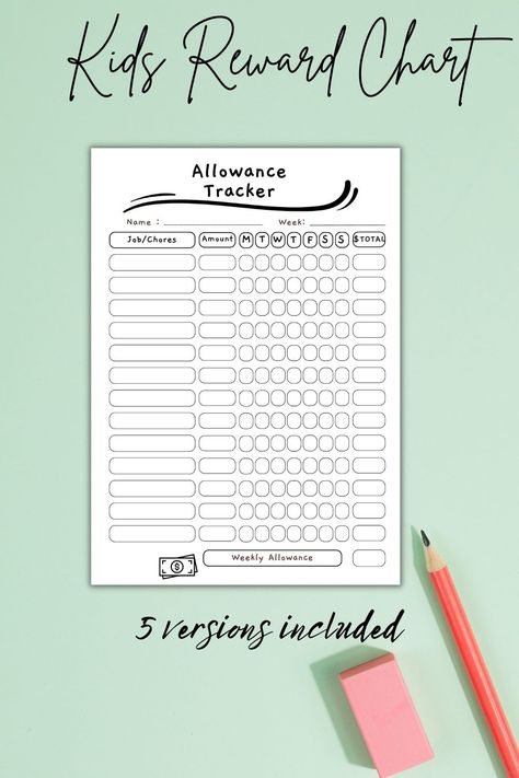 Printable instant download Allowance tracker for Kids that can help in creating a sense of responsibility and financial freedom among children Allowance Tracker, Allowance For Kids, Tracker Free, Reward Chart Kids, Kids Rewards, Kids Money, Chore Chart Kids, Budget Tracker, Reward Chart