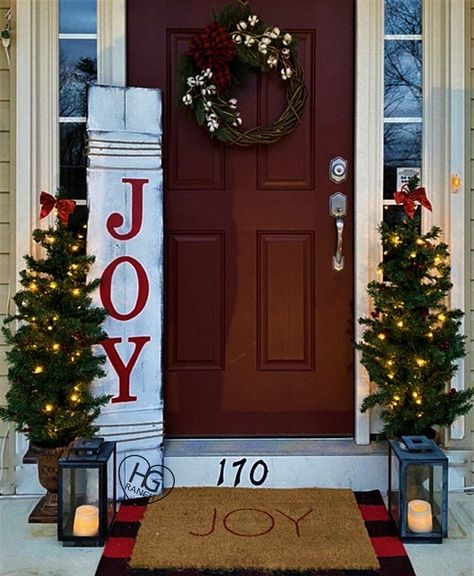 "This 5' rustic porch sign made from premium cedar is perfect for your Christmas porch display welcoming friends and family. This sign is stained and then painted in a distressed White with the letters JOY hand painted in Merry Red. The option of reverse colors is also available. For a finishing touch, the sign is wrapped with twine on both ends. The sign is lightly distressed and sealed for outdoor preservation.  5' Approximate size: 60\" x 11\" PLEASE NOTE: Our pieces are made of wood which co Christmas Chaos, Winter Display, Red Front Door, Front Door Christmas Decorations, Porch Decorations, Rustic Porch, Winter Porch, Christmas Front Porch, Christmas Front Doors