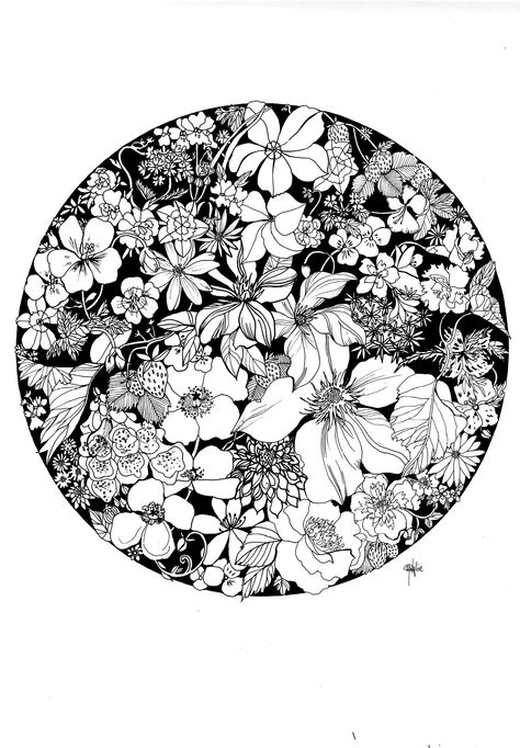 Flowers In A Circle, Ink Flowers, Strawberry Art, Black And White Art Drawing, Floral Drawing, Ink Illustration, Circle Art, In Full Bloom, Ink Illustrations