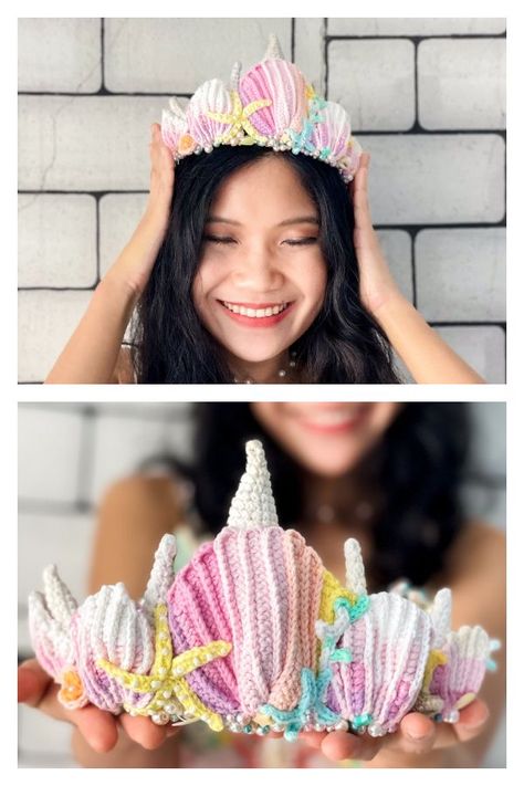 Mermaid Crown Free Crochet Pattern + Video Mermaid Crochet Pattern, Crochet Gift Ideas, Crochet Crown, Crochet Headband Pattern Free, Crochet Mermaid Tail, Crochet Costumes, Amigurumi For Beginners, Crochet Mermaid, Crochet Ruffle