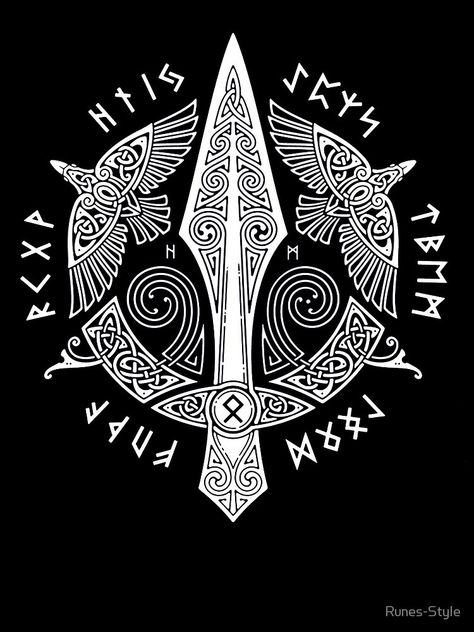 Odins Spear Tattoo, Viking Drawings, Viking Rune Tattoo, Japanese Tattoo Words, Hugin And Munin, Scandinavian Tattoo, Vikings Tattoo, Runic Alphabet, Path Of Life