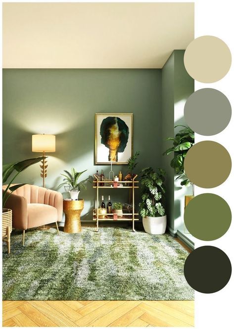 Aesthetic Room Color Combinations, Two Color Combination For Living Room, Room Color Inspo Aesthetic, Light Beige Living Room Ideas, Wall Color Combination With Green, Colour For Small Living Room, Living Room Green Color Palette, Apartment Interior Color Schemes, Jade Green Room Decor