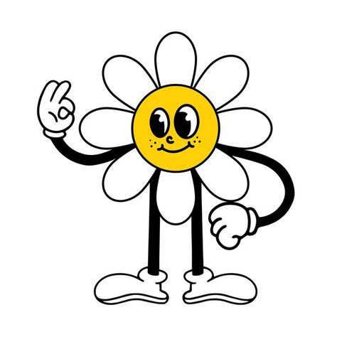 Funny cartoon flower emotion daisy comic... | Premium Vector #Freepik #vector #fun #nature #flat #modern Flower Cartoon Illustration, Brand Poster Design Ideas, Daisy Character, Daisy Cartoon, Groovy Stickers, Cartoon Daisy, Flower Character, Flower Funny, Flowers Cartoon