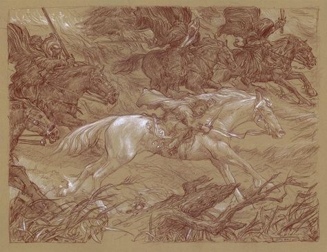 "Flight+to+the+Ford"+Original+colored+pencil+on+toned+paper+by+Doato+Giancola Donato Giancola, Tolkien Illustration, Middle Earth Art, Into The West, Tolkien Art, Toned Paper, Art Gallery Room, Gallery Room, Middle Earth