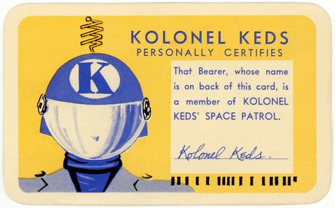 Kolonel Keds' Space Patrol Membership Card | "Kolonel Keds p… | Flickr Membership Card Design, Jet Pack, Vintage Business Cards, Keds Sneakers, Movie Club, Space Aliens, Branding Mood Board, Title Design, Membership Card