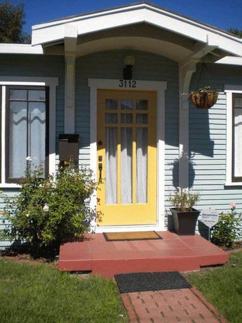 Light blue house, yellow door Light Blue House, Front Foor, Yellow Front Door, Light Blue Houses, Yellow Front Doors, Best Front Doors, Front Door Makeover, Yellow Door, Door Paint Colors