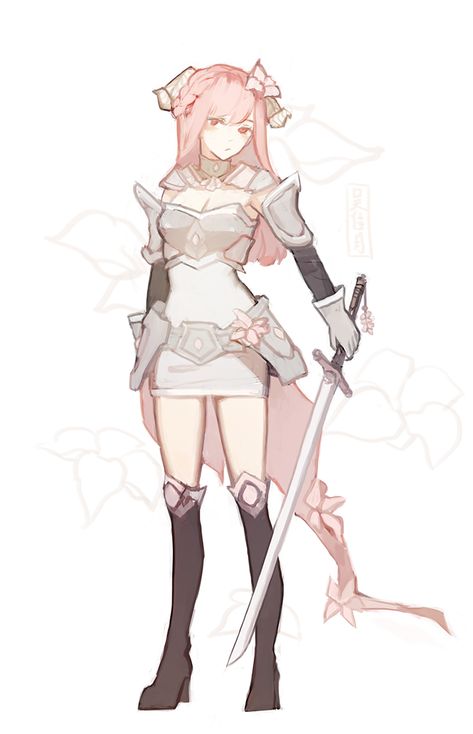 Pink Hair Girl Art, Pink Hair Girl, Fantasy Classes, Flower Knight, Knight Drawing, Knight Outfit, Pink Warrior, Anime Knight, Armor Drawing