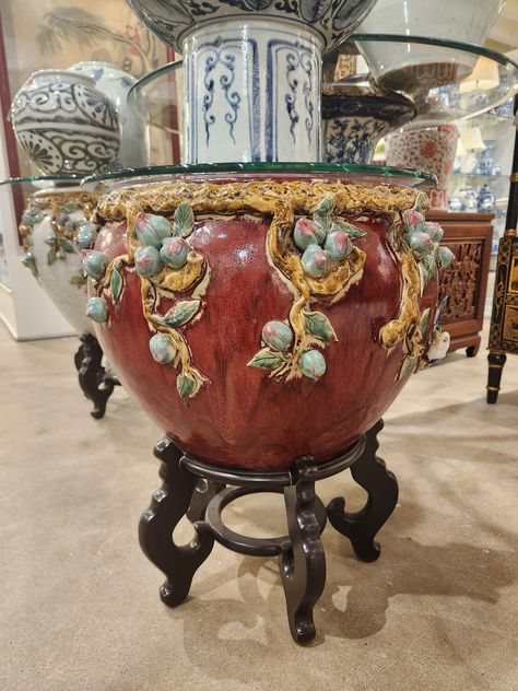 Antique one-of-a-kind Majolica Red Floral Fishbowl Planter-18.5''D x 14''H by antiquemarketfinds on Etsy Fishbowl Planter, French Nouveau, Chinese Sculpture, Fish Bowls, Asian Furniture, Victorian Furniture, Asian Decor, Easy Diy Art, Fish Bowl