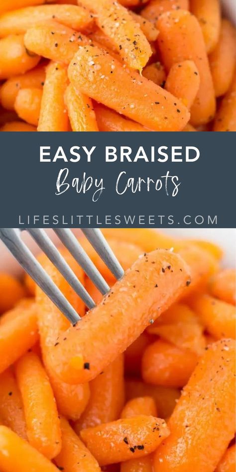 These Easy Braised Baby Carrots are a great side dish with dinner. They are tender and savory and seasoned simply with salt, pepper, and butter. (vegan option) #easy #healthy #vegan #vegetarian #simple #sides Carrot Side Recipes, How To Cook Raw Carrots, Butter Poached Carrots, Butter Carrots Stovetop, Buttered Carrots Stovetop, Boiled Baby Carrots, How To Cook Baby Carrots, Braised Carrots Recipe, Carrots Recipe Side Dishes