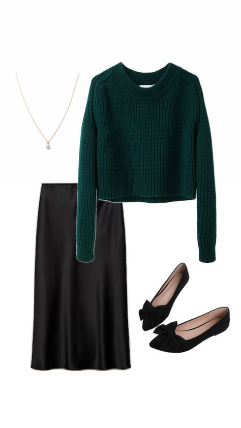 Black stain skirt with an emerald green sweater for the Christmas events. With a pair of flats and simple jewelry Emerald Sweater Outfit, Sweater And Black Skirt Outfit, Sweater Black Skirt Outfit, Green Sweater Outfit, Emerald Sweater, Emerald Green Sweater, Black Skirt Outfit, Black Skirt Outfits, Christmas Events