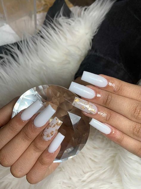 soft white acrylic nails gold foil Acrylic Nails Gold, Tapered Nails, Soft White Acrylic, White Nails With Gold, Gold Acrylic Nails, Long Square Nails, Golden Nails, Tapered Square Nails, Nails Gold