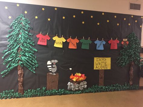 Camp Themed Bulletin Board, Summer Camp Classroom Decorations, Camping Theme School Hallway, Camping Theme Kindergarten, Camping Bulletin Boards, Camp Classroom, Childrens Ministry Decor, Camp Vbs, Staar Review