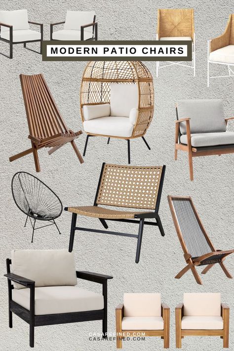 Insanely attractive outdoor patio chairs to make your space feel high-end. Many are mid century modern cahirs! Modern Porch Chairs, Modern Front Porch Chairs, Modern Small Patio Ideas, Front Porch Seating Ideas Modern, Mid Century Modern Outdoor Spaces, Low Maintenance Patio Furniture, Outdoor Accent Chair, Mid Century Modern Patio Ideas, Mid Century Modern Outdoor Patio