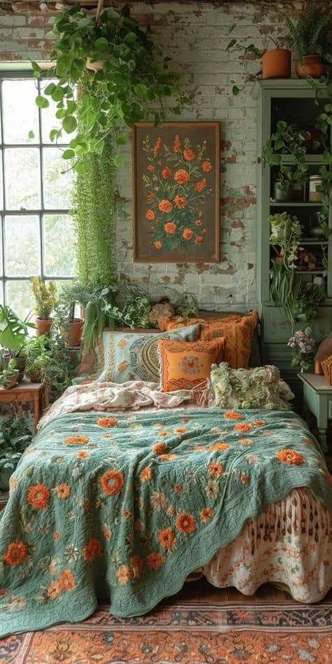 Brick Boho Bedroom, Boho Shick Bedrooms, Boho Floor Bed Cozy Bohemian, Boho Bedroom Brick Wallpaper, Hippy Bed Comforter, Purple Dorm, Cozy Beds, Bedroom Purple, Nature Room