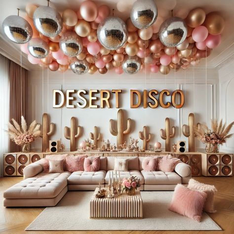 🌵✨ Turn up the heat with our Desert Disco themed bachelorette design! ✨🎉 Where boho meets boogie, this setup features lush cacti and chic disco balls, creating the perfect oasis to dance the night away. Are you ready to groove in the desert with your besties? 🕺💖 Book this magical desert experience today! DM us to get started! 💌#DesertDisco #BachStrategy #VegasBachelorette #DiscoVibes #DesertChic #BrideTiktok #BacheloretteBalloons #VegasBalloons #Vegas #PartyPlanner #BacheloretteParty Bachelorette Party Ideas Scottsdale, Desert Disco Party, Desert Bachelorette Party Theme, Sedona Bachelorette Party, Bachelorette Theme Nights, Disco Themed Bachelorette, Chic Disco, Desert Bachelorette Party, Bachelorette Apparel