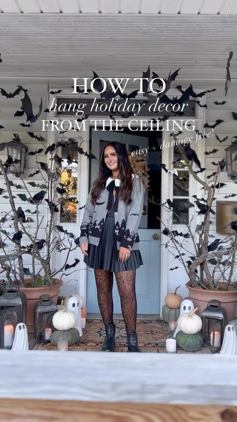 🦇🔨HOW TO hang holiday decor from the ceiling!🔨🦇SAVE this for a step by step guide for easy, strong, and damage free ceiling hanging for any holiday decor! Comment CEILING below to get the supplies links sent to you! This the method I’ve been using for myself and all my clients this year! @tryalientape is my go-to for holiday decorating (not sponsored, I just really love it)! Let me know if you have any questions below! #gatheredlivingfall #gatheredlivinghome . . . . . #diyreel #howtoreel #ha Diy Halloween Chandelier Decor, Halloween Chandelier Decor, Halloween Ceiling Decorations, Halloween Ceiling, Party Ceiling Decorations, Halloween Chandelier, Porch Ceiling, How To Hang, Ceiling Hanging