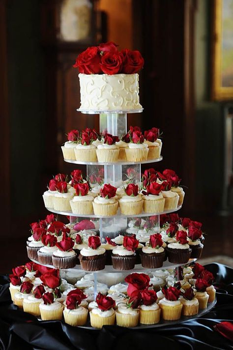 Totally Unique Wedding Cupcake Ideas ❤ See more: http://www.weddingforward.com/unique-wedding-cupcake-ideas/ #weddings Red And White Weddings, Wedding Treats, Tiered Cake, Cupcake Tower, Wedding Cakes With Cupcakes, Wedding Forward, Wedding Checklist, Wedding Cupcakes, Wedding Food