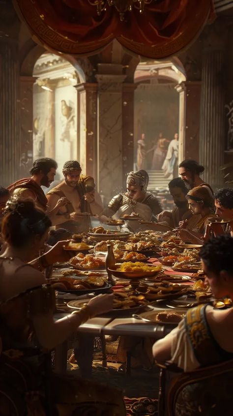 The image shows a group of people reclining at a banquet. They are dressed in ancient Greek attire, and the room is decorated with Greek statues and architecture ->> more details in ai-img-gen.com Ancient Greek Kitchen, Greek Banquet, Greek Attire, Titus Andronicus, Greek Dancing, Sleepy Girl, Antique Aesthetic, New York City Map, Greek Statues