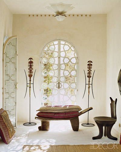 In a guest bedroom, Mauritanian tent pegs flank a West African bed African Bedroom, Moroccan Window, Bedroom Eclectic, Moroccan Houses, Moroccan Style Interior, African Interior Design, African Home, Moroccan Inspiration, African Interior