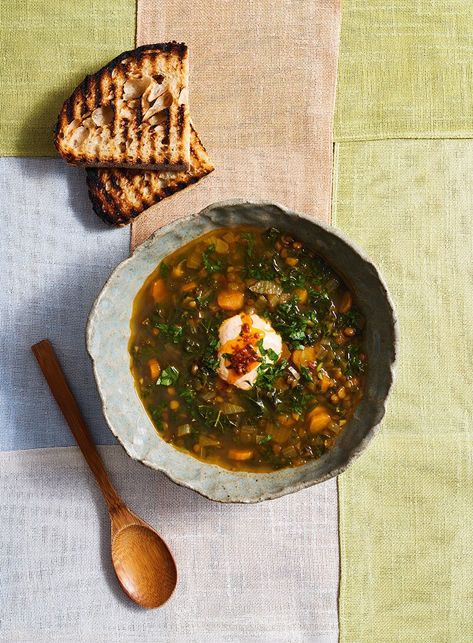 HARISSA, LENTIL & KALE SOUP - Cuisine Magazine - From New Zealand to the World Lentil Kale Soup, Lentil Kale, Kale Soup, The Soup, Lentil Soup, Vegetable Stock, Leafy Greens, Savoury Dishes, Recipe Collection