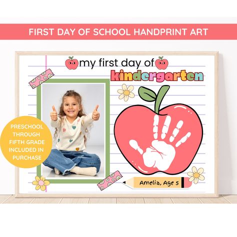 First Day Of School Handprint Craft | Back To School Printable | Memory Keepsake | Handprint Preschool Craft | Teacher Resource School Handprint Art, Preschool First Day, School Keepsake, Graduation Signs, Preschool Graduation, Handprint Craft, Kindergarten First Day, Kindergarten Graduation, Preschool Activity