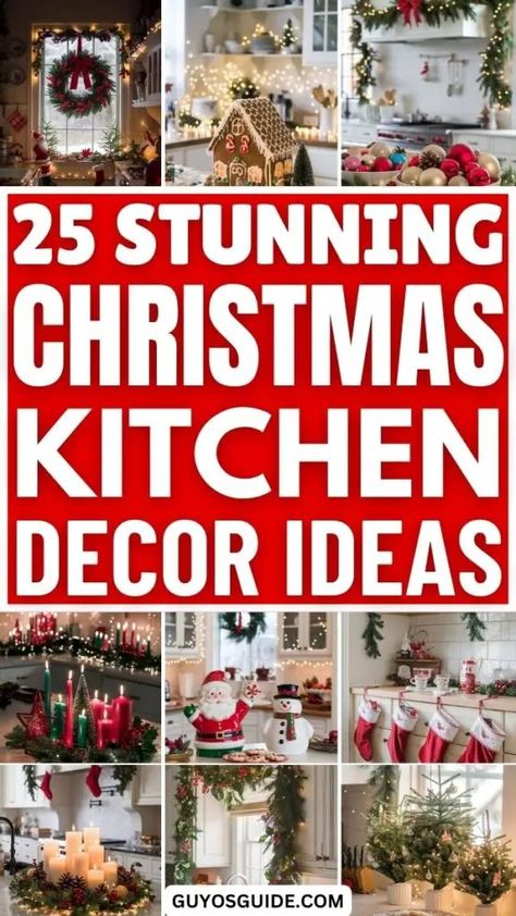 25 Stunning Christmas Kitchen Decor Ideas to Try This Season Christmas Decor For Countertops, Christmas Trees Above Kitchen Cabinets, Decoration For Top Of Cabinets, Christmas Kitchen Display, Decorating With Fruit For Christmas, Christmas Decoration Kitchen Cabinets, Christmas Garland Over Kitchen Cabinets, Kitchen At Christmas, Kitchen Light Christmas Decor