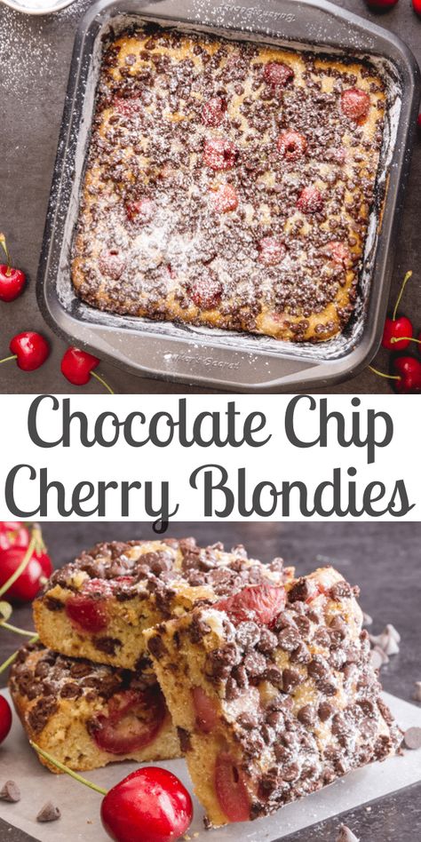 Everyone has had a Brownie but what about a Blondie? These Chocolate Chip Cherry Blondies are moist and so easy to make. A simple one bowl recipe. You won't be able to stop at one! #blondies #cherryblondies #chocolatechipblondies #dessertbars #dessert #fruit Cherry Chocolate Recipes, Cherry Recipes Dessert, Chocolate Chip Blondies, Dessert Fruit, Cherry Chocolate, Cherry Desserts, Blondies Recipe, Frozen Cherries, Cherry Recipes