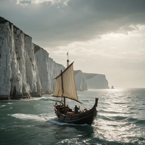 Sailing Adventure Medieval Fishing Boat on Open Sea with Dover Cliffs | MUSE AI Addam Velaryon, Medieval Boat, Dover Cliffs, Luffy Aesthetic, Fishing Aesthetic, White Cliffs Of Dover, Sea Can, Rough Seas, Book Board