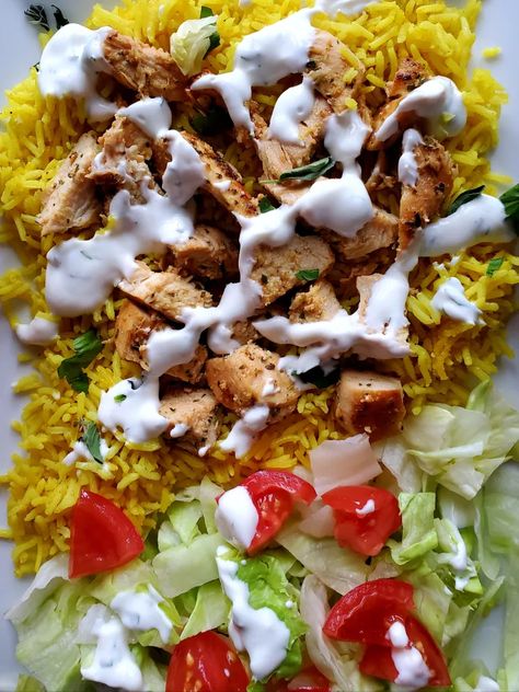 NYC Street Cart Chicken and Rice (Recipe Inspired by LOCK EVERY DOOR) - A Well-Read Tart Street Cart Chicken And Rice, Mediterranean Street Food, Street Cart Chicken, Lock Every Door, Rice And Yogurt, Chicken Broth Rice, Street Chicken, Chicken And Rice Recipe, Chicken Over Rice