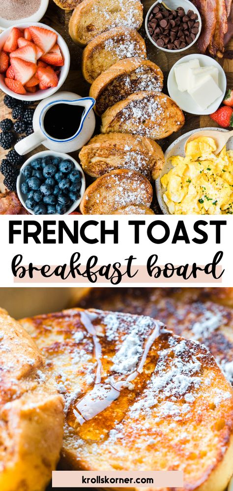 french toast on a cutting board with fresh fruit, eggs and syrup Fancy French Toast Recipe, French Toast Bacon, Savory Toast, French Toast Brunch, 1st Birthday Foods, Fluffy French Toast, Toast Bacon, Bachelorette Brunch, Homemade French Toast