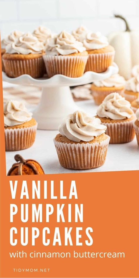 These Vanilla Pumpkin Cupcakes are ridiculously easy to throw together. Packed with favorite fall flavors and topped with sweet cinnamon buttercream, It’s hands down our favorite dessert for the season. PRINTABLE RECIPE at TidyMom.net Cupcake Recipes Vanilla, Pumpkin Cupcake Recipes, Cinnamon Buttercream, Buttercream Icing Recipe, Pumpkin Pie Oatmeal, French Vanilla Cake, Store Bought Frosting, Pumpkin Pudding, Vanilla Cupcake Recipe