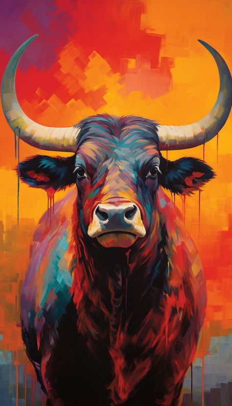 Diary Ideas Creative, Art Diary Ideas, Colorful Animal Paintings, Bull Painting, Bull Art, Animal Portraits Art, African Art Paintings, Art Gallery Wallpaper, Diary Ideas