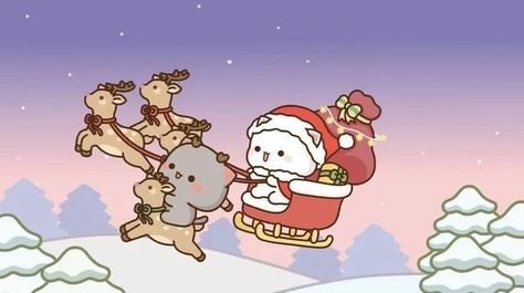 Gold Christmas Wallpaper, Mochi Cats, Mochi Cat, Christmas Desktop Wallpaper, Christmas Desktop, Chibi Cat, Reindeer And Sleigh, Kawaii Christmas, Cute Christmas Wallpaper