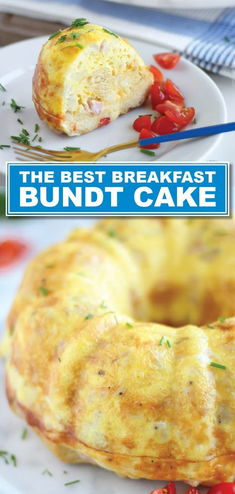 The BEST Breakfast Bundt Cake Recipe! For brunch or just a yummy breakfast for your family, this easy egg dish baked in a beautiful bundt cake pan will leave everyone full and happy! A great breakfast idea for the holidays too. Breakfast Bundt Cake With Eggs, Easy One Dish Breakfast, Egg Casserole In Bundt Pan, Bunt Breakfast Casserole, Egg Bundt Casserole, Brunch Bundt Cake, Auntie May's Breakfast Bundt Cake, Springform Pan Recipes Breakfast, Eggs Brunch Recipes