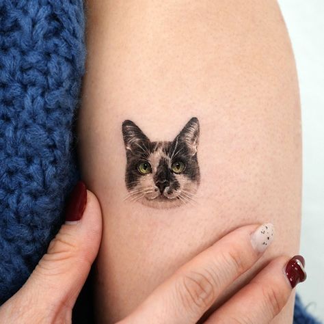 Adorable tiny pets tattoos by Ria Kim | iNKPPL Cat Nose Print Tattoo, Cat Tattoo Realistic, Lost Pet Tattoo, Cat Portrait Tattoo, Small Cat Tattoo, Cat Face Tattoos, Husky Tattoo, Cat Portrait Tattoos, French Bulldog Tattoo