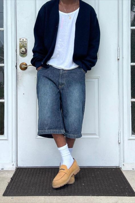 baggy y2k jorts, denim shorts, cardigan, spring outfits Cardigan With Shorts Outfit Men, Denim Jorts Outfit Men, Cardigan And Jorts Outfit, Baggy Denim Shorts Outfit, Jorts Outfit, Baggy Denim Shorts, Jorts Baggy, Dark Blue Sweater, Cardigan Y2k