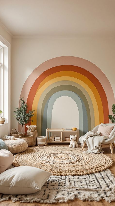 Boho Playroom Ideas Earth Tone Playroom, Play Room Wall Painting, Colorful Playroom Walls, Playroom Wall Paint, Playroom Wall Paint Ideas, Playroom Wall Colors, Toddler Rainbow Room, Rainbow Toddler Room, Boho Playroom Ideas