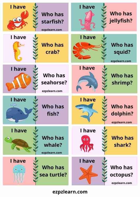 Free Printable I have Who has English Game For Kids Sea Animals Kindergarten Preschool Activities Animals Kindergarten Activities, Animals Kindergarten, Ocean Activities Preschool, English Games For Kids, Circle Time Games, Animal Activities For Kids, Toddler Lessons, Eyfs Activities, Ocean Activities