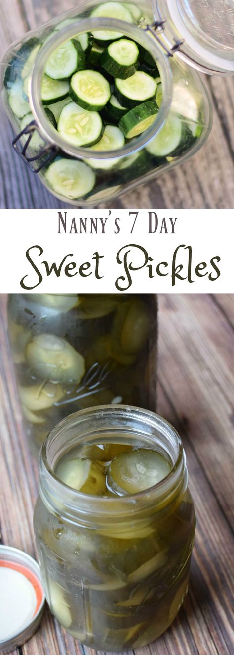 Nanny's 7 Day Sweet Pickles - Grumpy's Honeybunch 7 Day Sweet Pickles, 7 Day Pickles Recipe, 7 Day Sweet Pickle Recipe, Peach Yogurt Popsicles, Crispy Pickles, Diner Cake, Eggplant Relish, Garden Canning, Obama Sisters