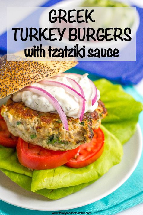 Greek turkey burgers with tzatziki sauce are loaded with spinach, red onion and feta cheese for a delicious but easy taste of Greece! #turkeyburger #burgers #summerrecipes Greek Turkey Burgers With Tzatziki Sauce, Noom Foods, Turkey Feta Burgers, Keto Burgers, Turkey Burger Recipes Healthy, Ground Turkey Burgers, Burger Ideas, Greek Burger, Greek Turkey