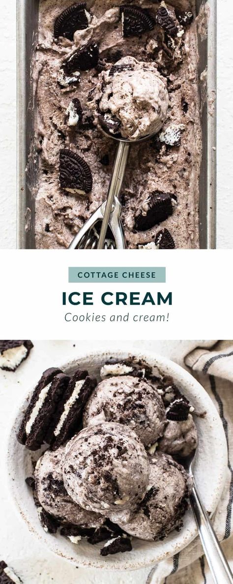 This cookies and cream cottage cheese ice cream turns your favorite ice cream flavor into a protein packed creamy dessert. 19g of protein per serving to be exact! Healthy Cookies And Cream Ice Cream, Cookies And Cream Protein Ice Cream, Cottage Cheese Ice Cream Protein Powder, No Churn Protein Ice Cream, Oreo Cottage Cheese Ice Cream, Cookie Dough Cottage Cheese Ice Cream, Health Ice Cream Recipes, Cottage Cheese Ice Cream With Protein Powder, Healthy Ice Cream Bars