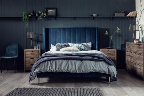 Modern Bedframe, Blue And Cream Bedroom, Blue Headboard, Velvet Bed Frame, Winged Headboard, Teal Velvet, Velvet Bed, Headboard Designs, Upholstered Bed Frame