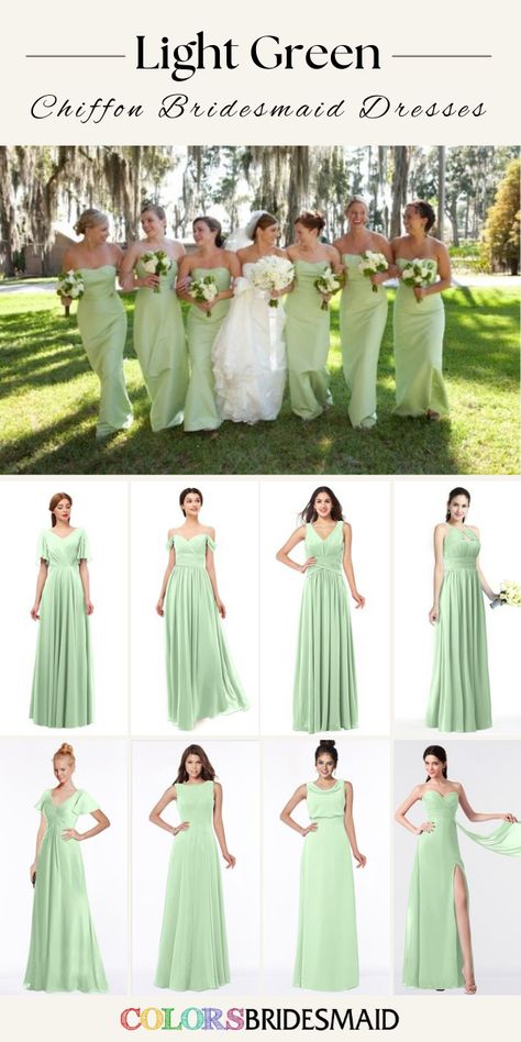 Light Green Dress Outfit, Bridesmaid Dresses Light Green, Light Green Wedding Dress, Light Green Color Code, Dresses Light Green, Light Green Bridesmaid Dresses, Lime Green Bridesmaid Dresses, Green Chiffon Bridesmaid Dress, Tiana Wedding