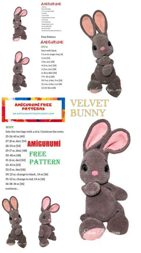 Velvet Amigurumi, Crochet Bunny Patterns, Free Crochet Bunny, Crochet Easter Decorations, Whimsical Crochet, Bunny Patterns, Crochet Zebra, Velvet Bunny, Crochet Dog Patterns