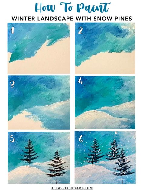 How To Draw A Winter Scene, Paint And Sip Ideas Step By Step Winter, Winter Canvas Painting Ideas Easy Step By Step, Easy Snow Painting, Easy Acrylic Winter Paintings, Winter Paint And Sip Ideas, Winter Scene Paintings Easy, How To Paint Snow, Winter Canvas Painting Ideas Easy