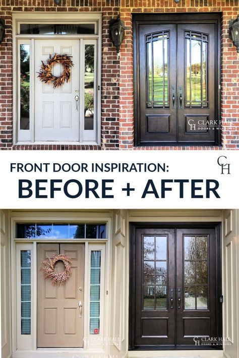 Front Door Iron Design, Single Door To Double Door Entry Before And After, Homes With Double Front Doors, Exterior Glass Doors Front Entry, Single To Double Door Entry, Farmhouse Double Doors Entrance, Before And After Front Door Makeover, Single Front Door To Double Doors, Single Door To Double Door Entry